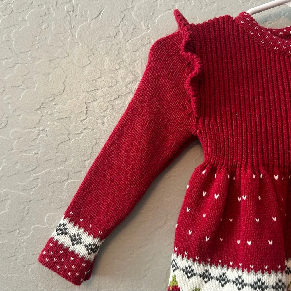 Max Studio baby red floral sweater dress, tight and hat matching set size 0-3 mo